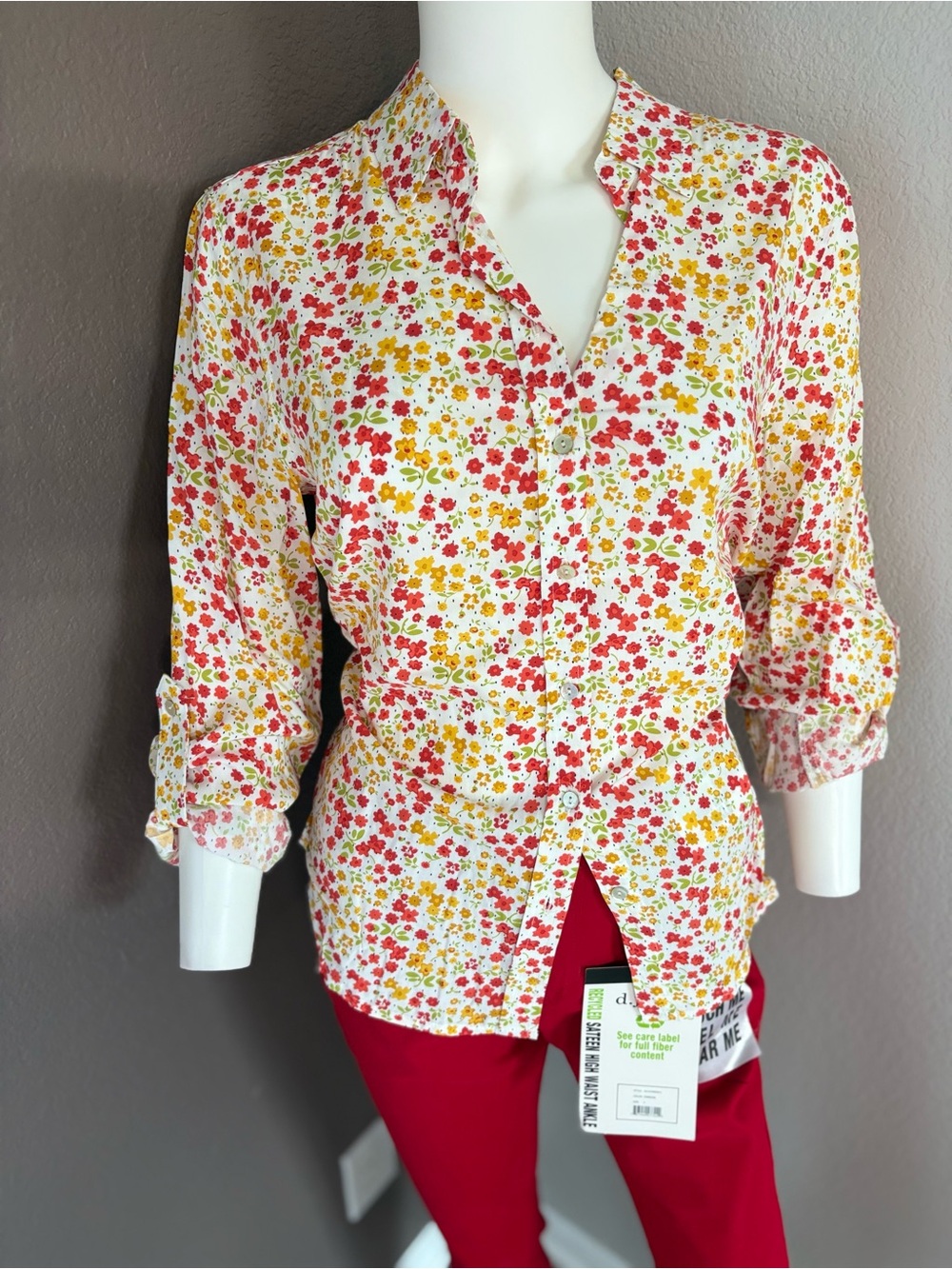 Jane and Delancey White Floral Button Down Shirt with Red & Yellow Flowers